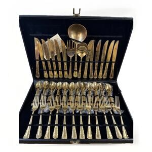 Service For 12 - WM Rogers Enchanted Rose Gold Plated Flatware 63 Piece Set Box